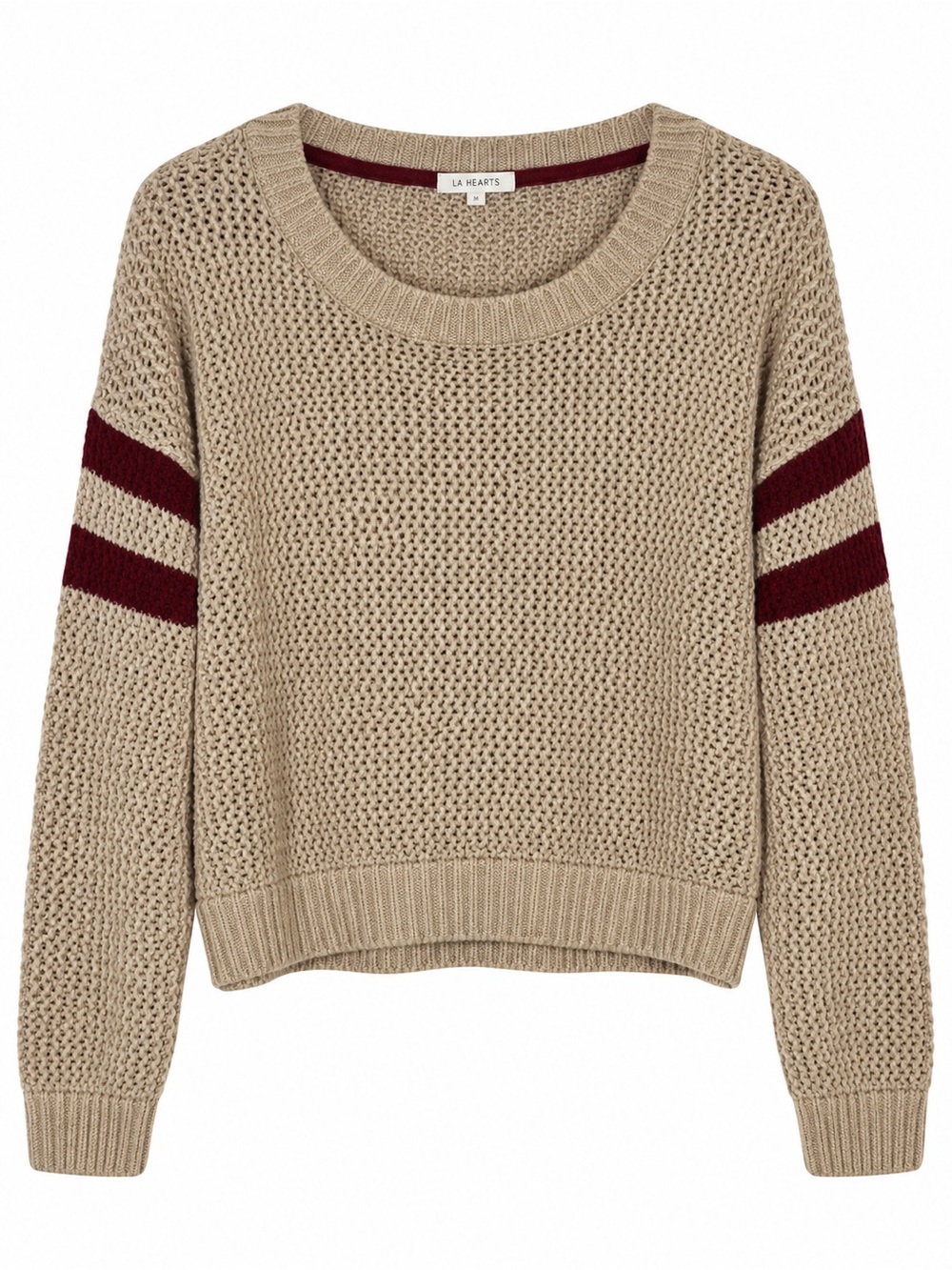 Taylor & Sage Women’s Large Beige Open Knit Sweater Burgundy Varsity Stripe